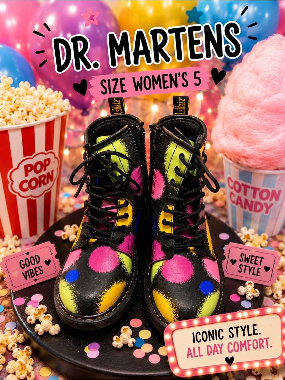 Dr Martens 1460 J Boots Womens Size 5 Multicolor Polka Dot Leather Lace Up Shoes